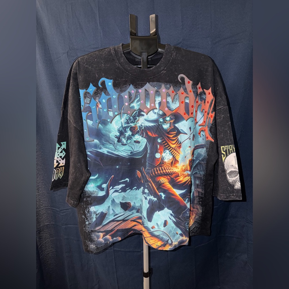 Stray Rhinestone Graphic Tee ⚡ Studded Streetwear – Black Wash – Size L (NWT)